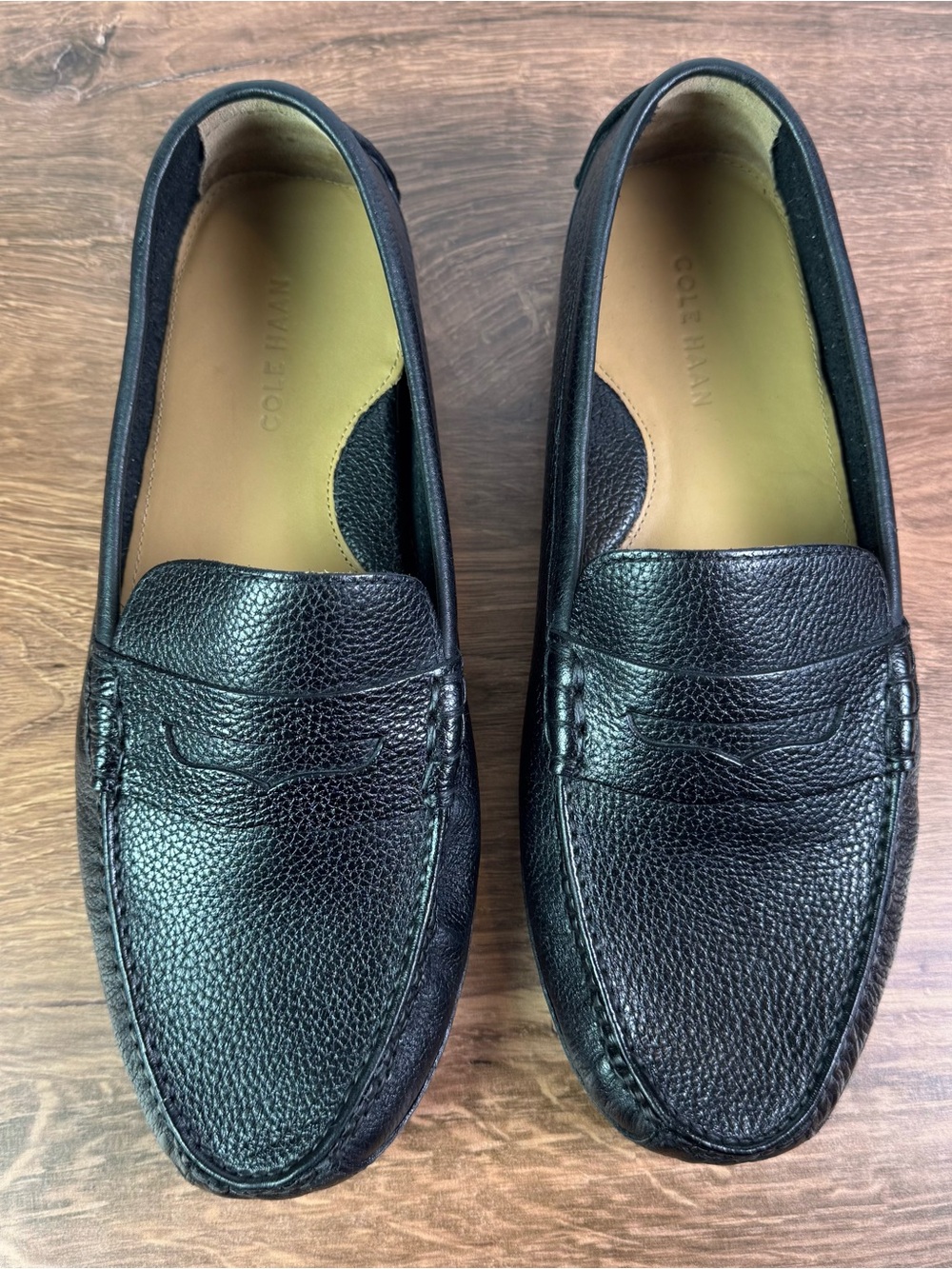 New In Box, Cole Haan Grant Canoe Penny Loafers Black Pebbled Leather 12 W.